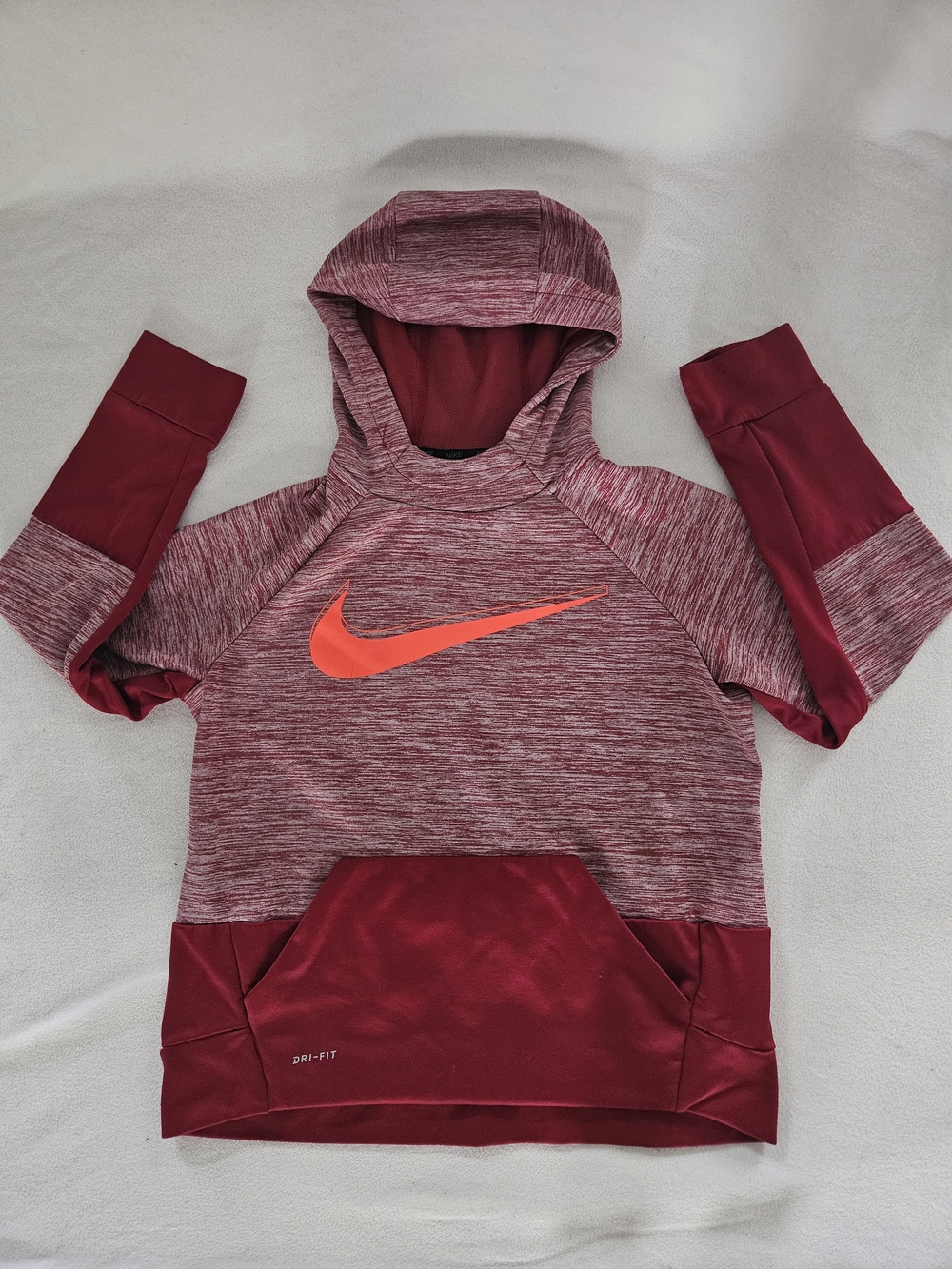 Nike Kids' Maroon Hooded Dri-FIT Pullover with Orange Swoosh